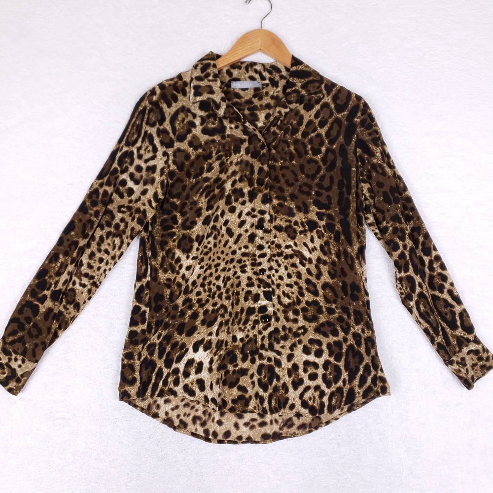 Zoe & Sam 100% Silk Blouse Women Small Leopard Animal Print Long Sleeve Mob Wife